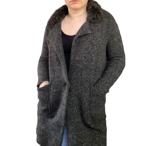 Zara Knit Cardigan Coat Coatigan Heather Gray Faux Fur Collar Midi Classic - Picture 2 of 7